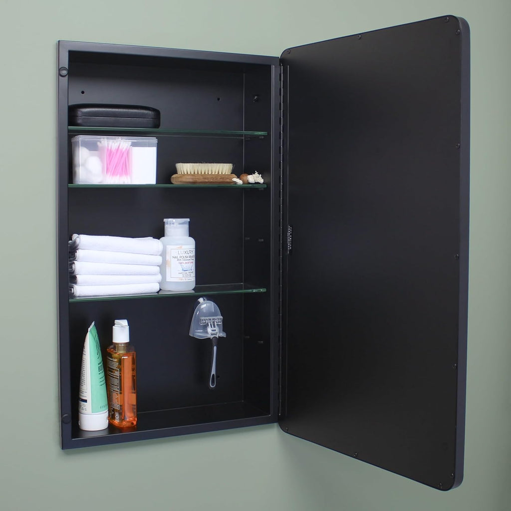 16x26 Austin Farmhouse Metal Framed Rounded Rectangle Recessed Bathroom Medicine Cabinet, Beveled Mirror, 14x24