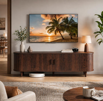 58" Mid-Century Modern TV Stand with Sliding Doors, TV Consoles with Power Outlet, Fluted Entertainment Center with