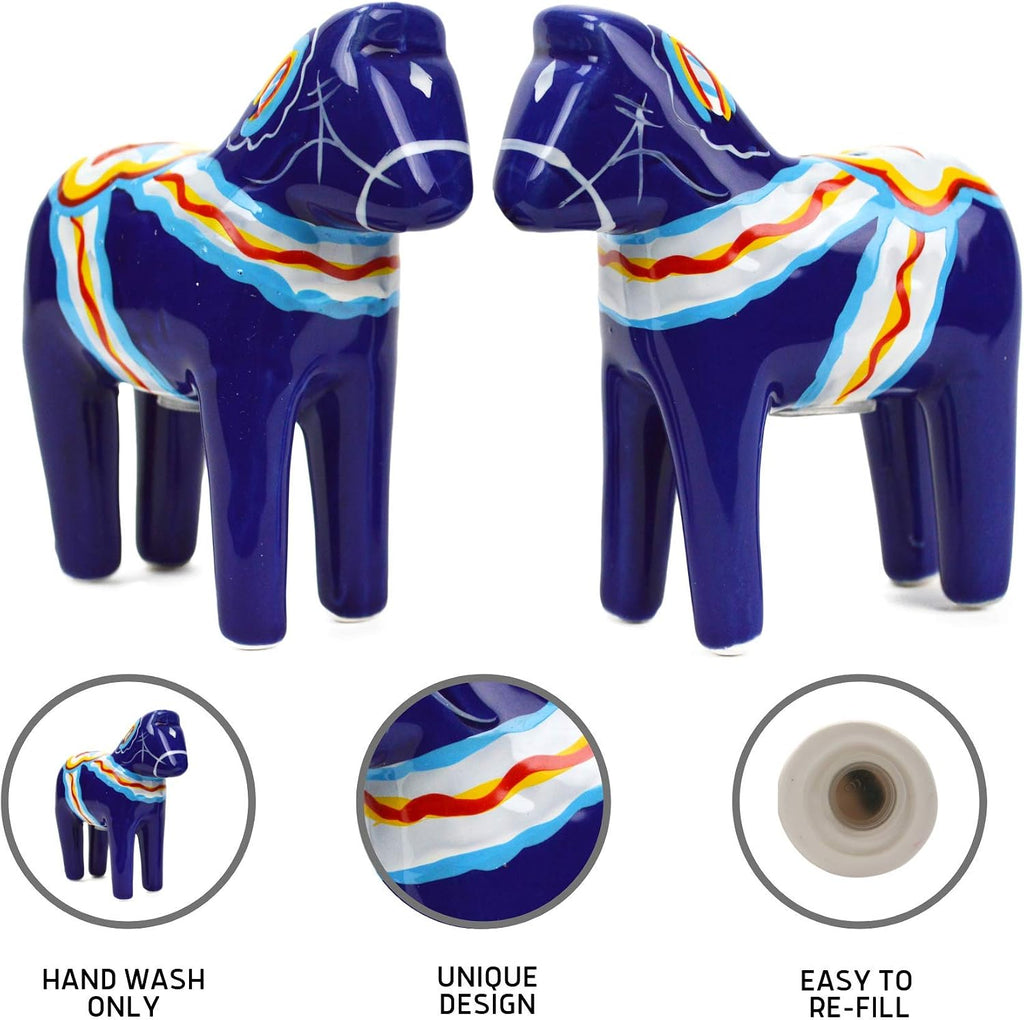 ScandinavianGiftOutlet - Salt and Pepper Shakers - 3.25" Ceramic Dala Horse - Blue Swedish Theme - Kitchen - Set of 2