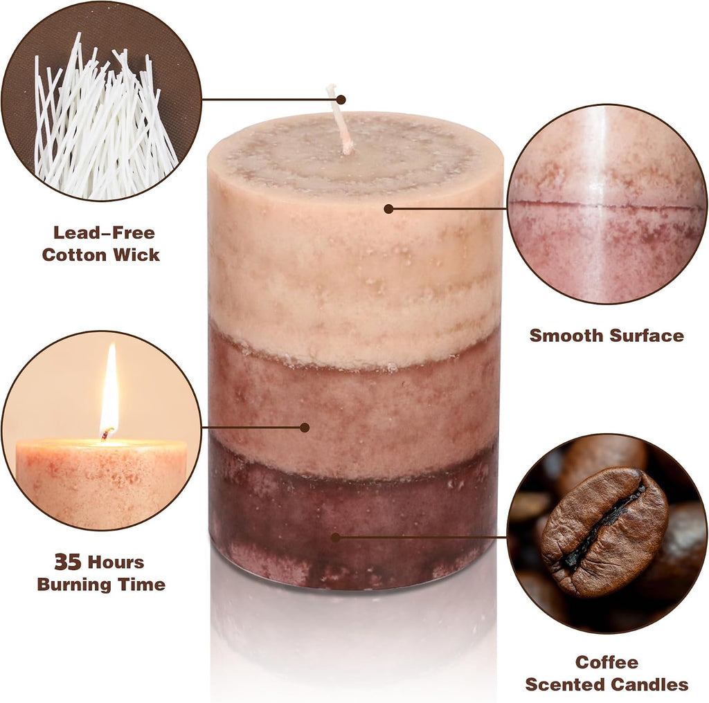 Coffee Pillar Candles, Aromatherapy Scented Candles, 35+ Hours Burn Long Lasting Tall 3x4 Inch Dripless - Set of 3