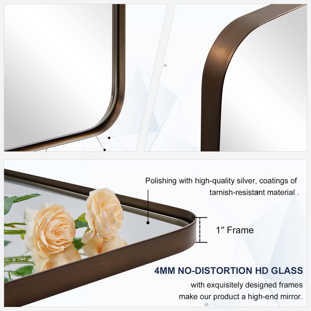 Wall Mirror, 20"x28"Brushed Bronze Bathroom Mirror, Rounded Rectangle Mirror in Premium Stainless Steel Metal Frame
