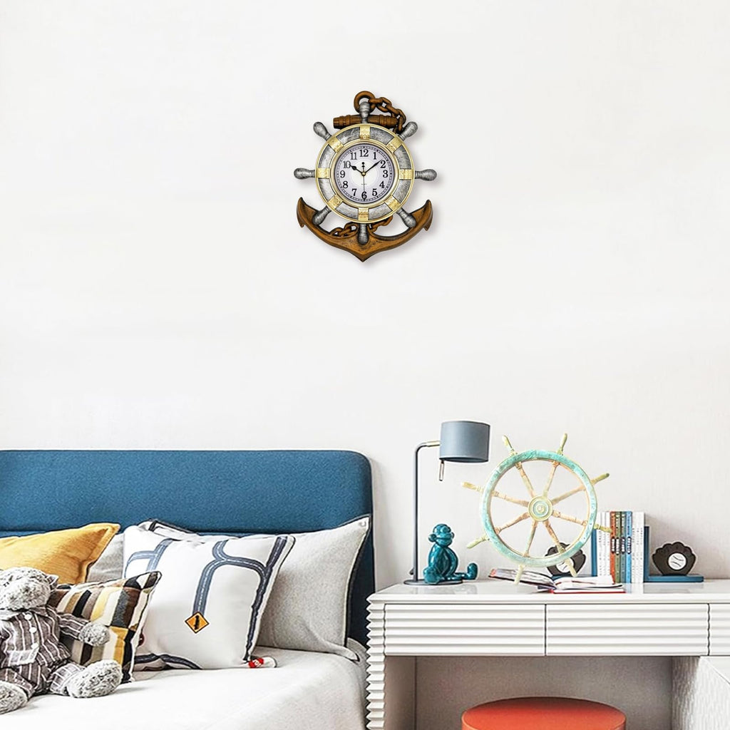 Anchor Outdoor Clock, Nautical Ship Wheel Rudder Wall Clock, Beach Sea Style Decorative Clock, Pool, Porch