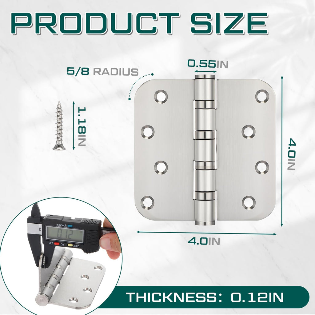 6 Pcs Silver 4'' Ball Bearing Door Hinges, 5/8'' Radius Corner