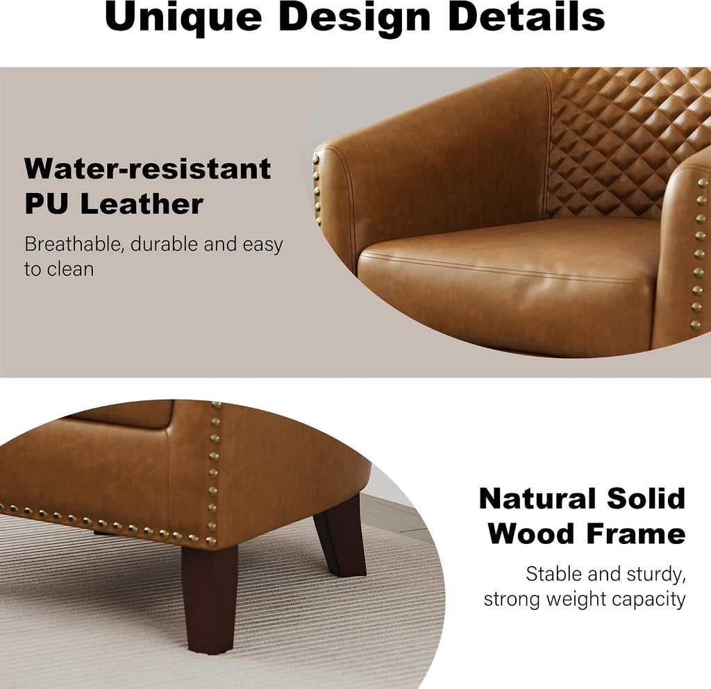 Faux Leather Barrel Accent Chair with Nailhead, Light Browm - Set of 2