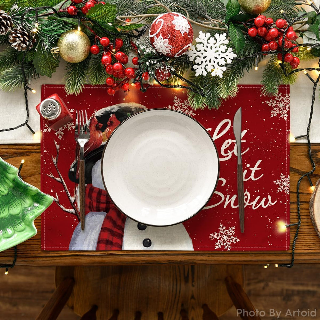 Red Snowman Let It Snow Winter Placemats Set of 6, 12x18 Inch Seasonal Christmas Holiday Table Mats for Party Kitchen