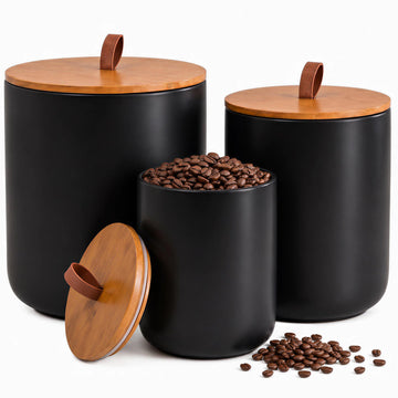 Black Ceramic Food Storage Canister Set (30 oz, 48 oz, 82 oz) with Bamboo Lids, 3-Piece Airtight Jars for Flour