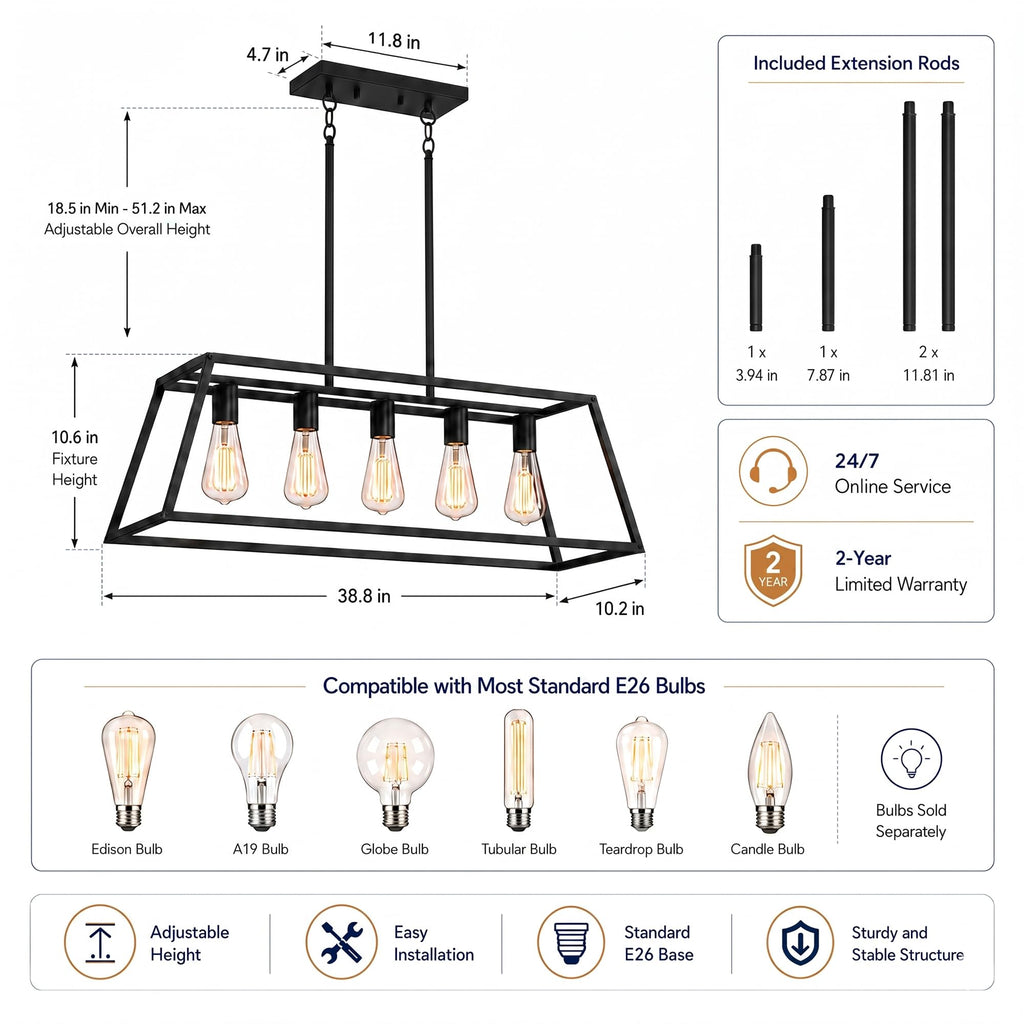 Black Kitchen Island Lighting, 5-Light Farmhouse Chandeliers, Modern Industrial Linear Rectangle Pendant Light