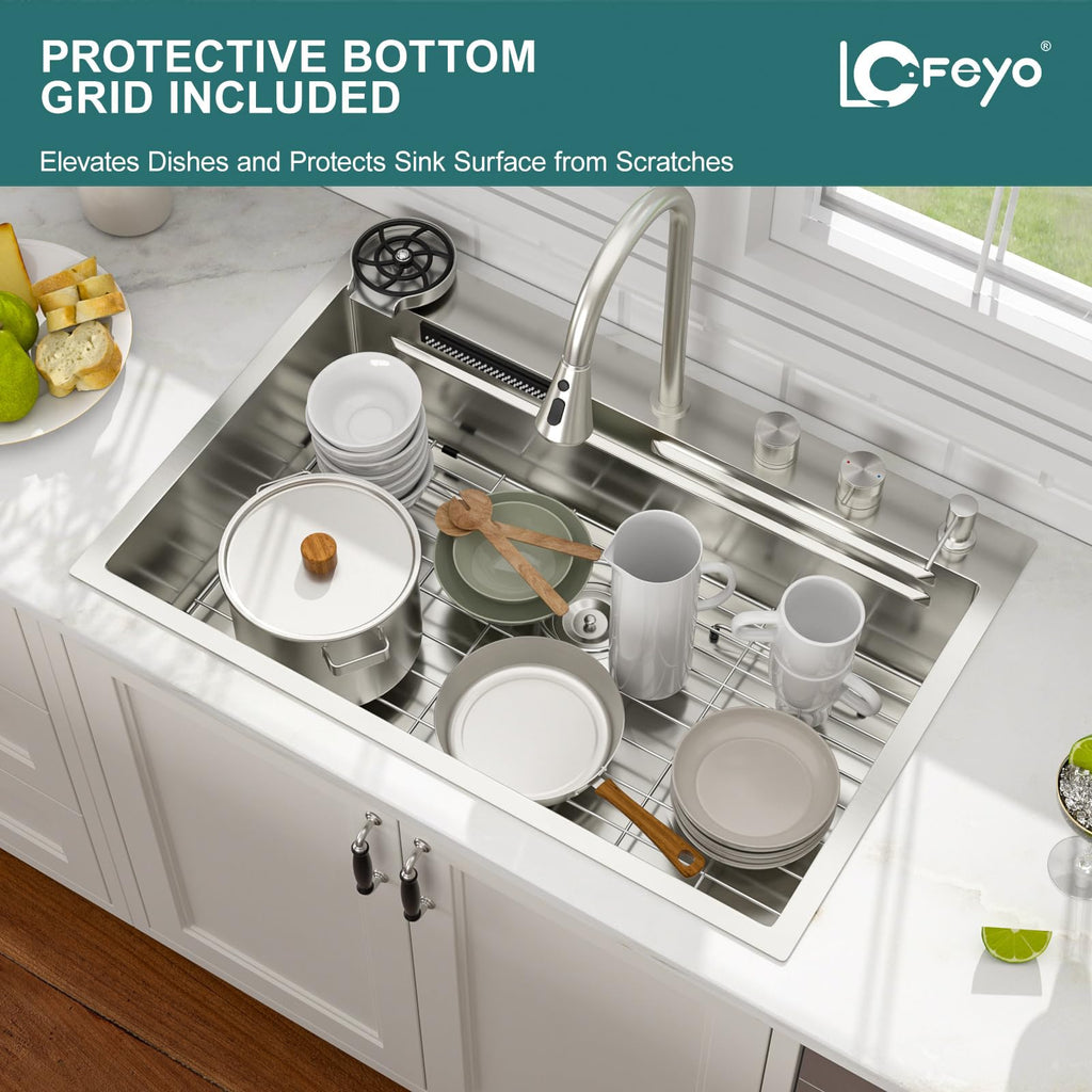 33x22 Inch Waterfall Kitchen Sink Drop In Multifunctional Workstation With Faucet Combo, Topmount 16 Gauge Stainless