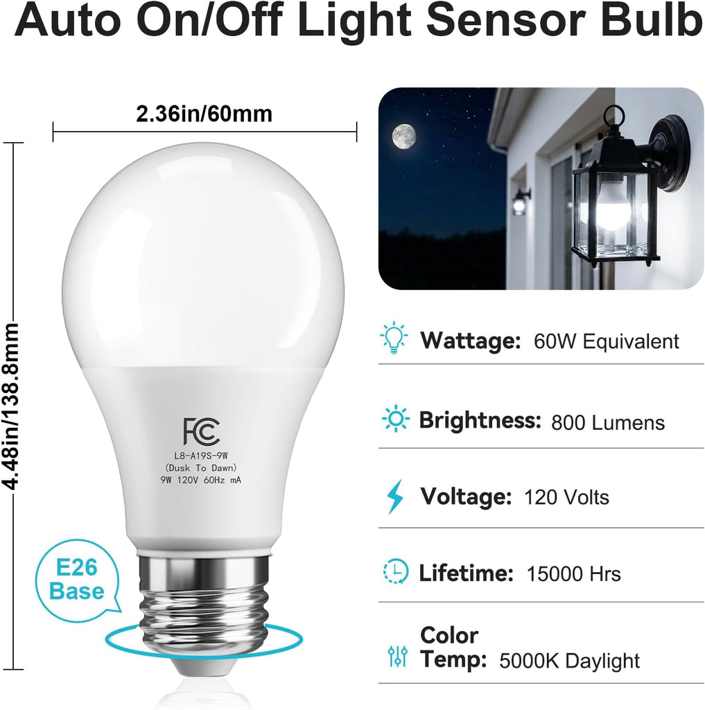 Outdoor Dusk to Dawn Sensor LED Light Bulbs,60W Daylight Porch Outside