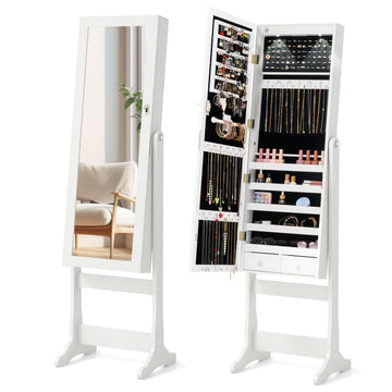 Standing Jewelry Cabinet, Large Storage Jewelry Armoire with Full Length Mirror, 4 Adjustable Angles & 2 LED Lights