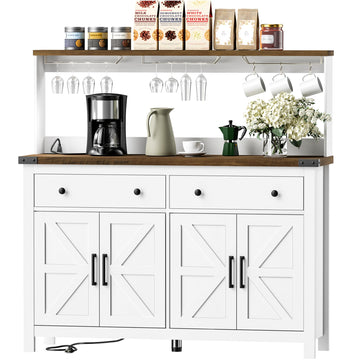 Hutch Storage Cabinet Buffet with Drawers, and Charging Station, Coffee Bar Cabinet with Barn Doors, Wine Rack and