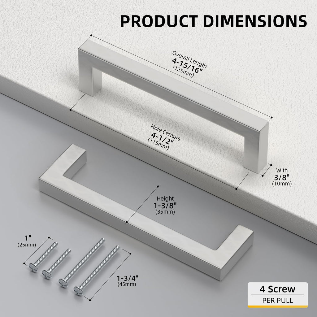 Brushed Nickel Cabinet Pulls 10 Pack 4-1/2 Inch, Square Drawer Handles, Stainless Steel, Screws Included, Silver