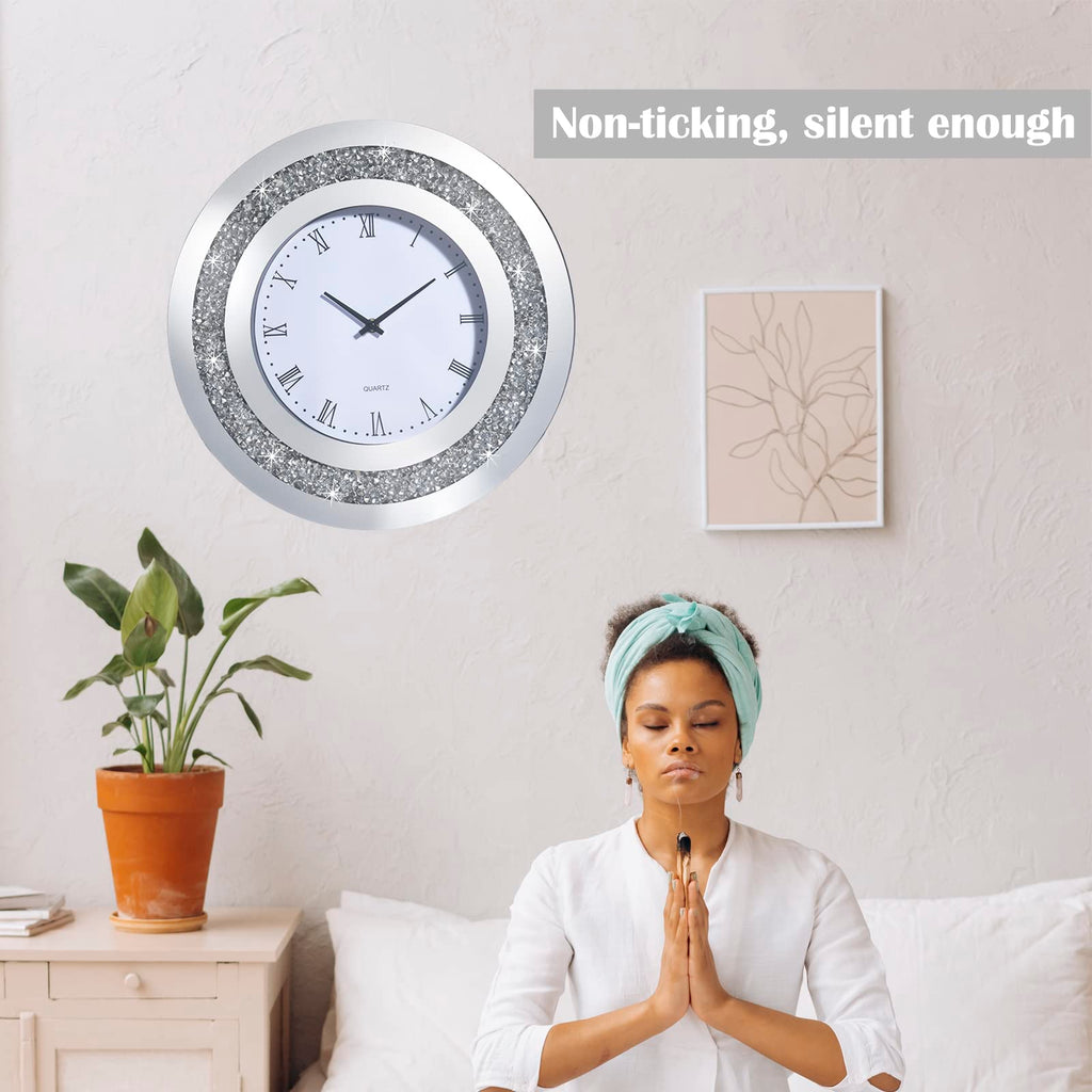 Large Crystal Wall Clock, 15.8" Silver Round Diamond Glass Clock