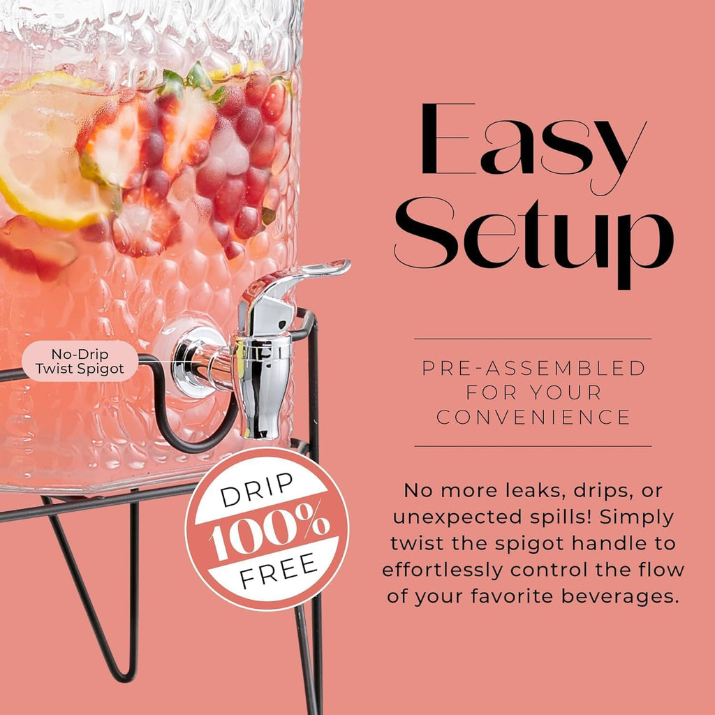 Glass Beverage Drink Dispenser w/Metal Stand, 1.5 Gal - Set of 2