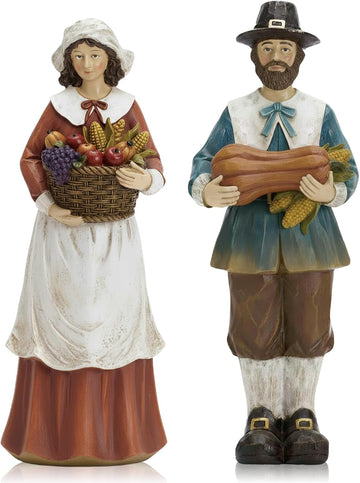 Thanksgiving Decoration Wooden Pilgrim Figurines Couple Statue - Set of 2