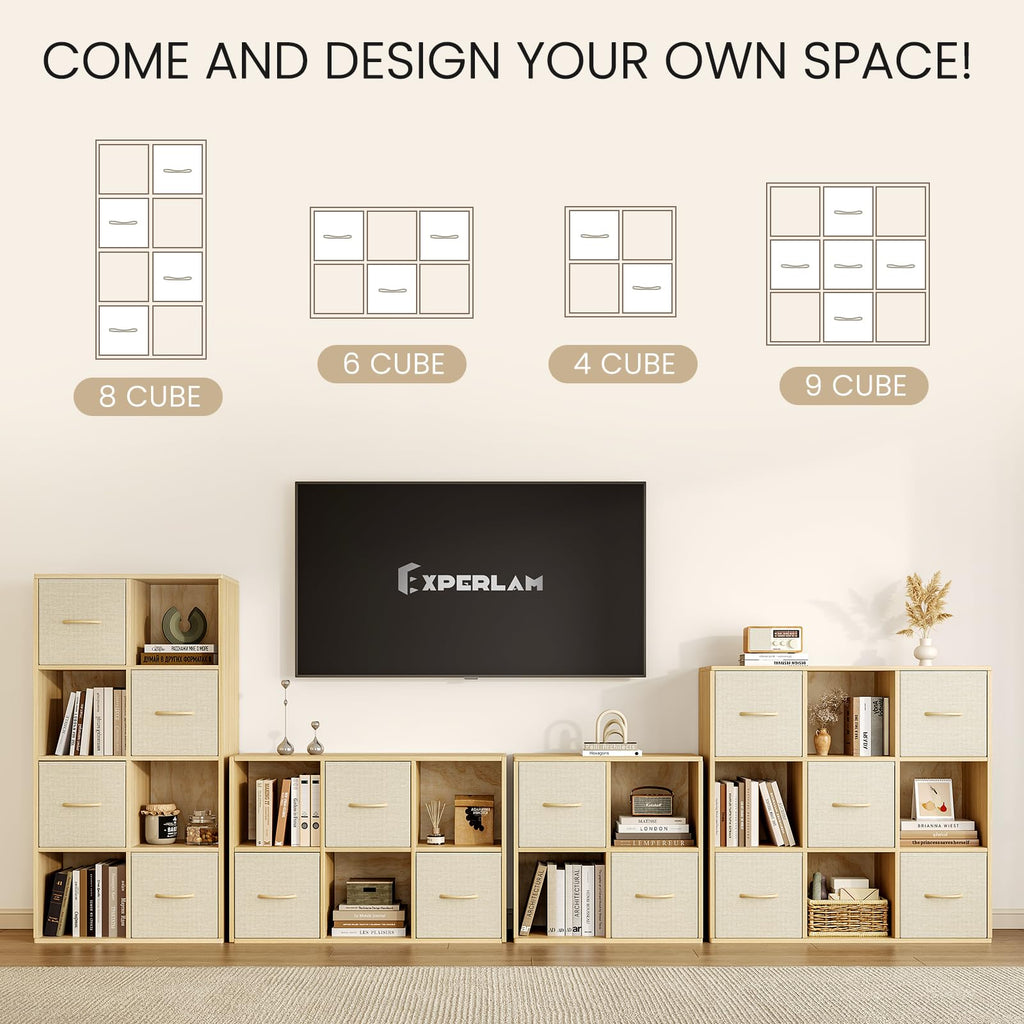 6 Cube Storage Organizer - Solid Wood Bookshelf with 3 Storage Bins, Cube Shelf with 2 Removable Back Panels