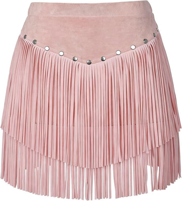 Girls Faux Suede Fringe Skirt Western Cowgirl High Waist Tassel Mini Skirt for Rodeo Country Concert