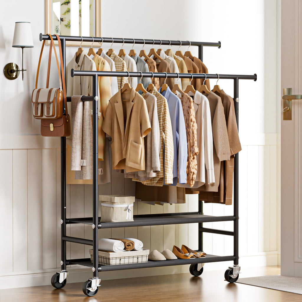 Clothes Rack,Double Rods Rolling Clothing Rack for Hanging Clothes,Portable Garment Rack with 2-Tier Storage