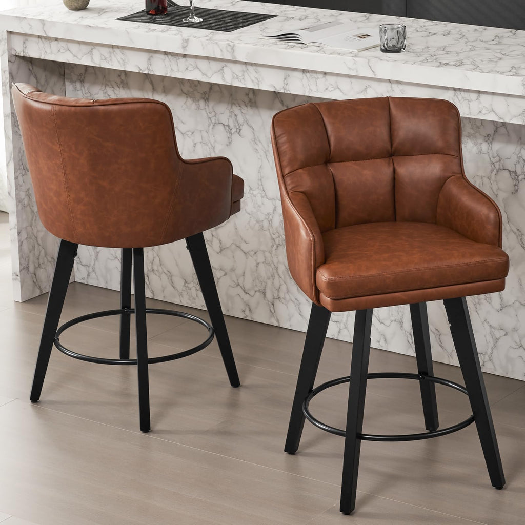 360°Swivel Counter Height Bar Stools with Back, 30 inch Solid Wood Legs, Bar Stool Modern Kitchen Island Chairs, Faux