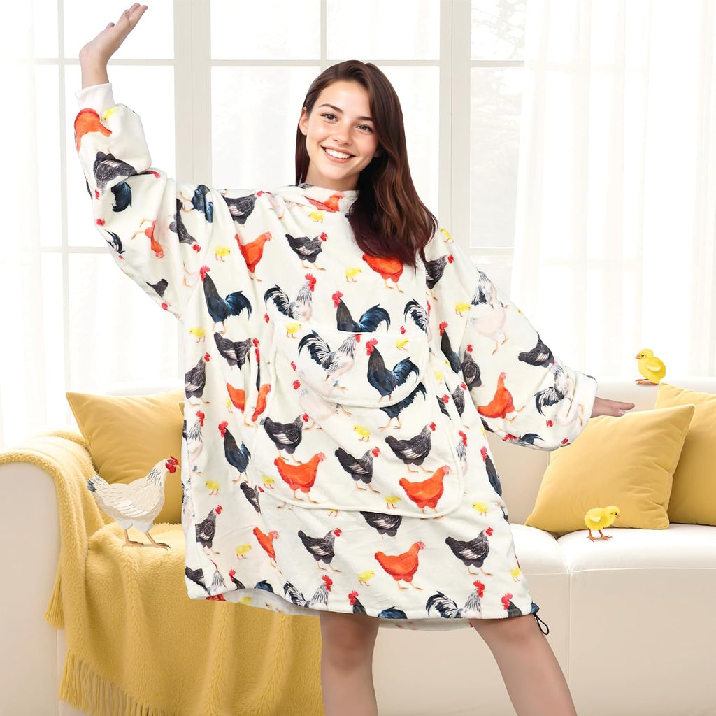 Chicken Wearable Blanket Hoodie for Women - Funny Hooded Blanket with Oversized Pocket - Chicken Decor Gifts for