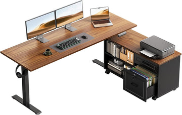 55" L Shaped Electric Standing Desk with Cabinet Sets, Walnut/Black | Mobile Drawers & File Cabinet Sets for Flexible
