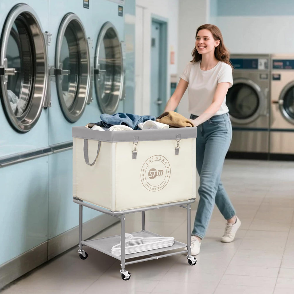 Rolling Laundry Cart with Storage Shelf, Beige
