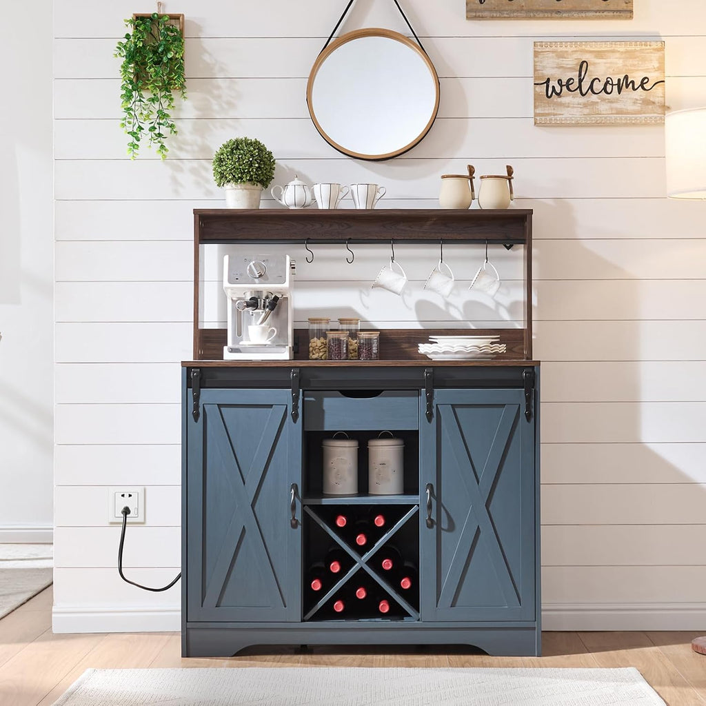 Farmhouse Coffee Bar Cabinet with Charging Station and USB, Blue | 39" Kitchen Hutch Sideboard Buffet with Sliding