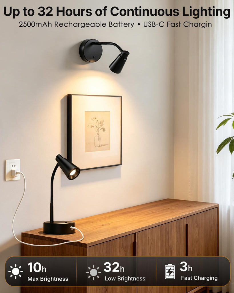 Picture Lights for Wall, 2 Pack 2500mAh Rechargeable Portable Magnetic Lamps with Flexible Gooseneck, Cordless LED