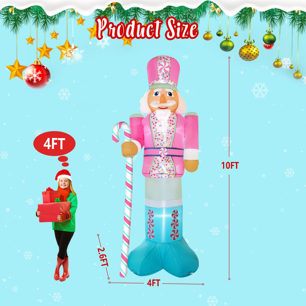 10FT Christmas Inflatables Pink Nutcracker Hold Candy Cane, Christmas Blow up Yard Decoration Nutcracker Inflatable