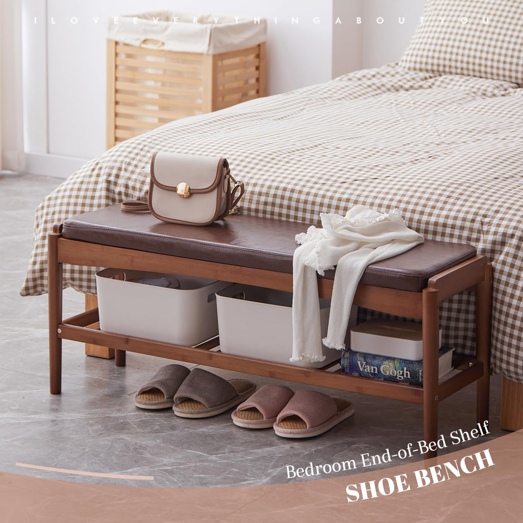 Shoe Rack Bench Entryway Bamboo Shoe Storage Bench with Leather Cushion 2 Tiers Shoe Rack Entryway Bench (Walnut