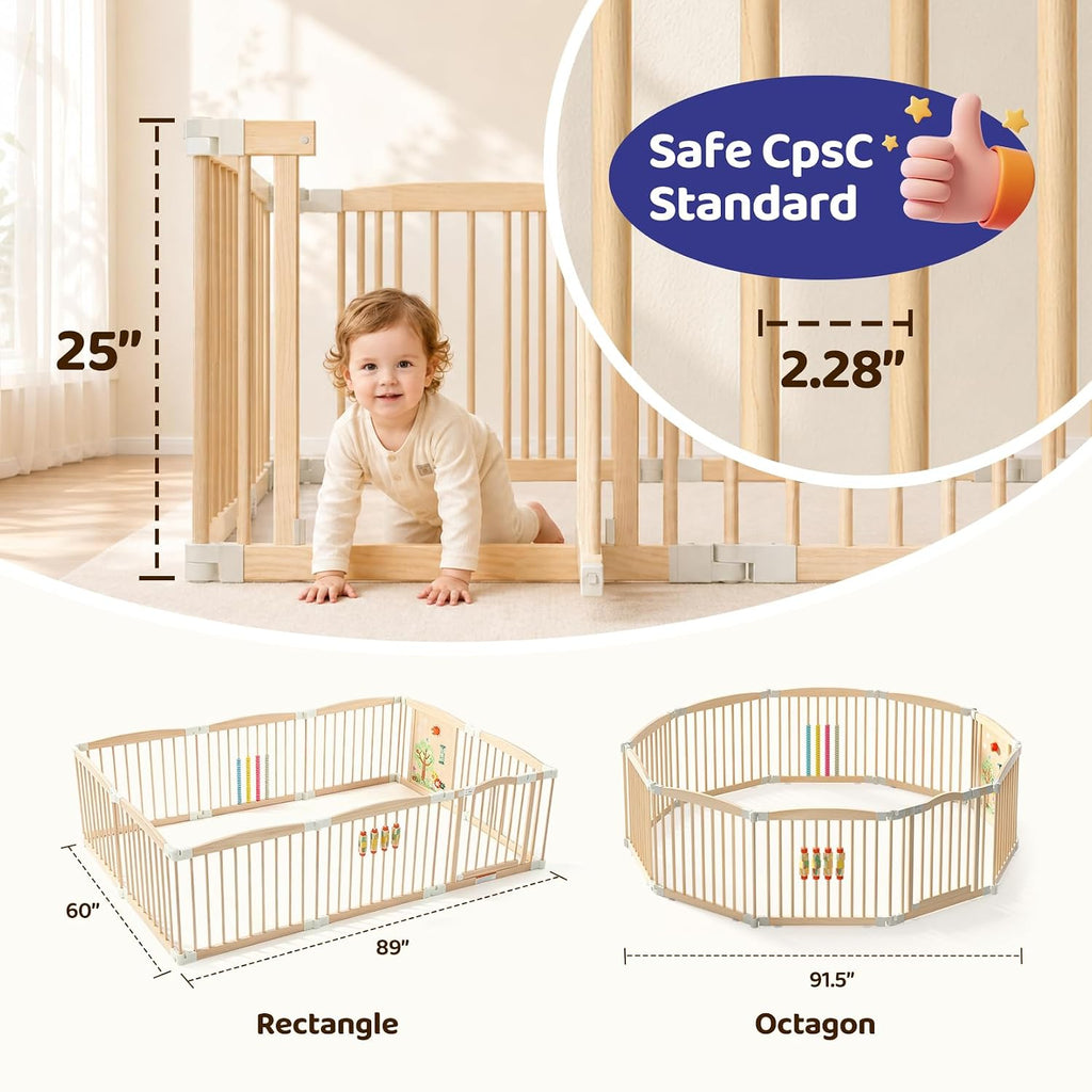 Wooden Baby Playpen, 60"×89"×25" 10-Panel Foldable Wood Play Yard with 3 Montessori Toys for Toddlers, Adjustable