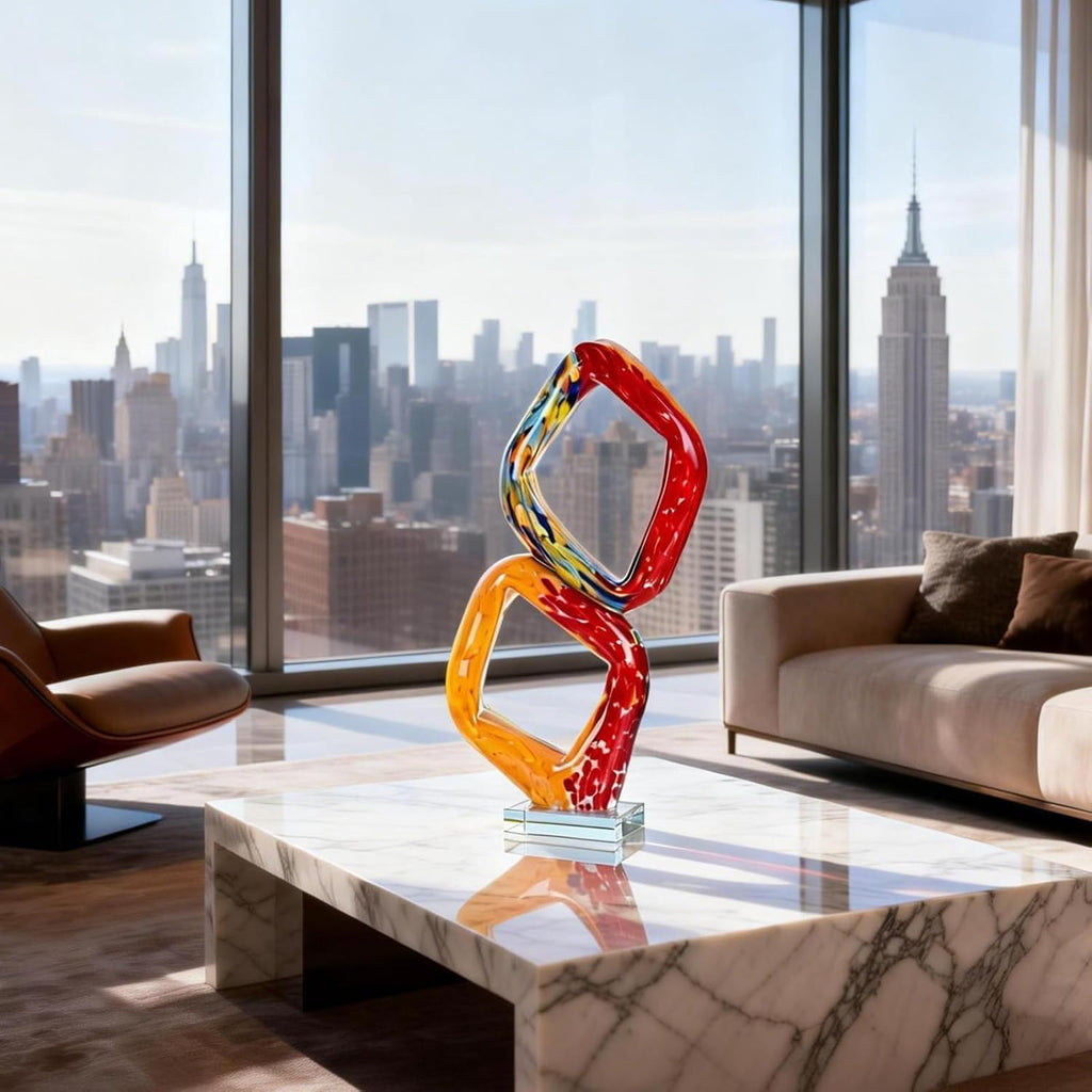 18.5′′ Hand Blown Glass Sculpture Abstract Geometric Loop Art, Murano Style Swirled Glas Contemporary Centerpiece