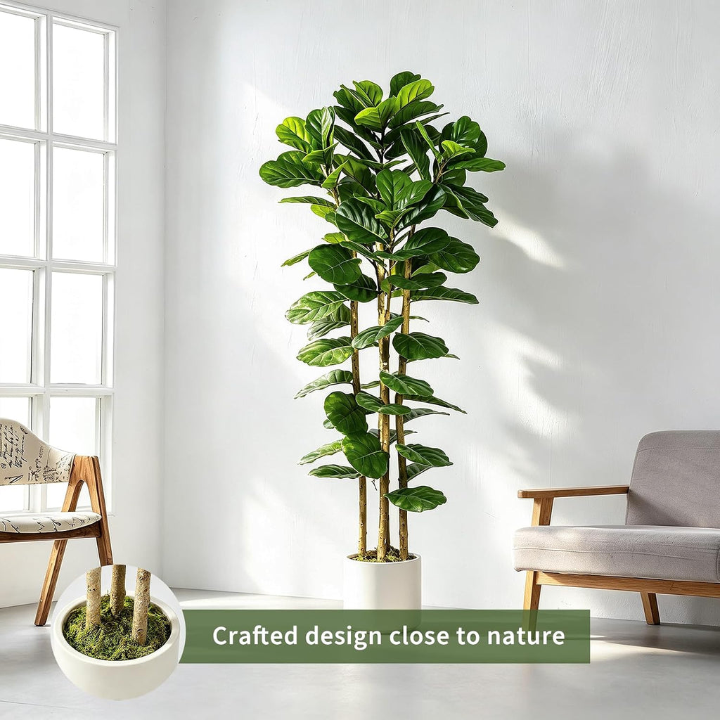 6 ft Artificial Fiddle Leaf Fig Tree, Tall Faux Ficus Lyrata Tree with White Planter Home Decor Office Living Room