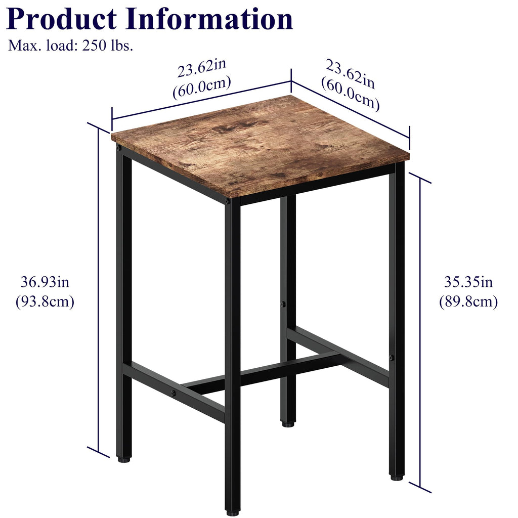 Square Bar Table, High Top Table - Industrial Metal Frame for Small Spaces & Narrow Kitchens, 23.6x23.6x36.9 in