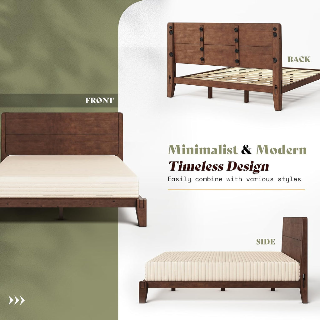 Solid Wood Queen Bed Frame with Headboard, Japanese Joinery,Walnut