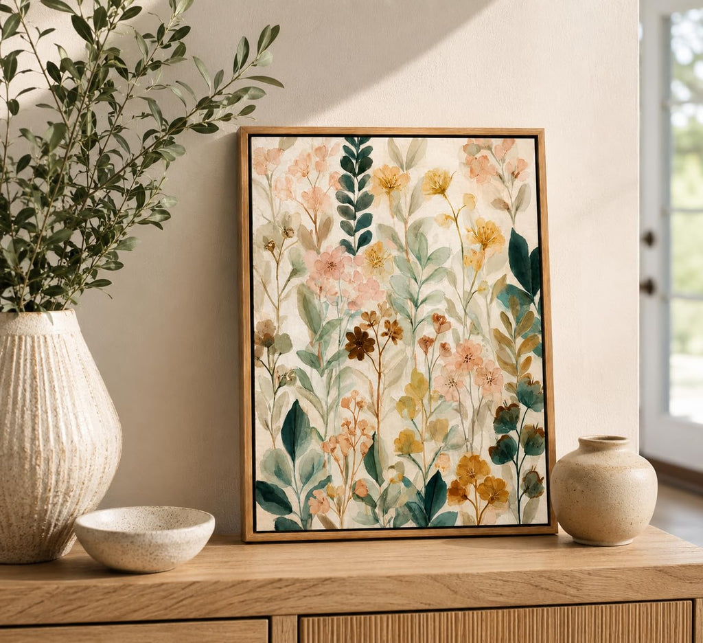 Floating Framed Boho Beige Flower Canvas Wall Art Wall Decor