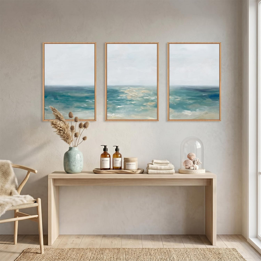 Large Abstract Blue Coastal Framed Canvas Wall Art Set-16"x24"x3