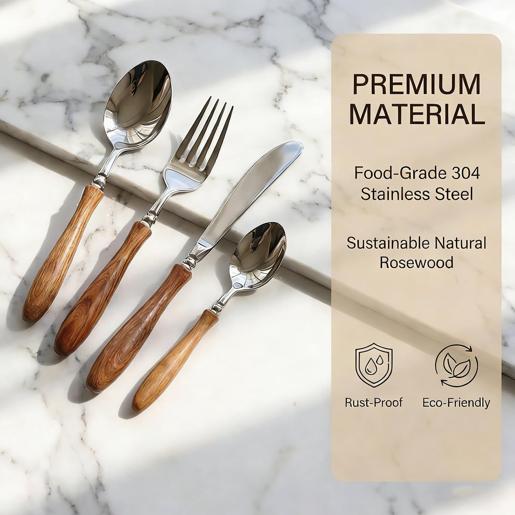 Wood Handle Flatware Set, 5 Piece, 304 Stainless Steel