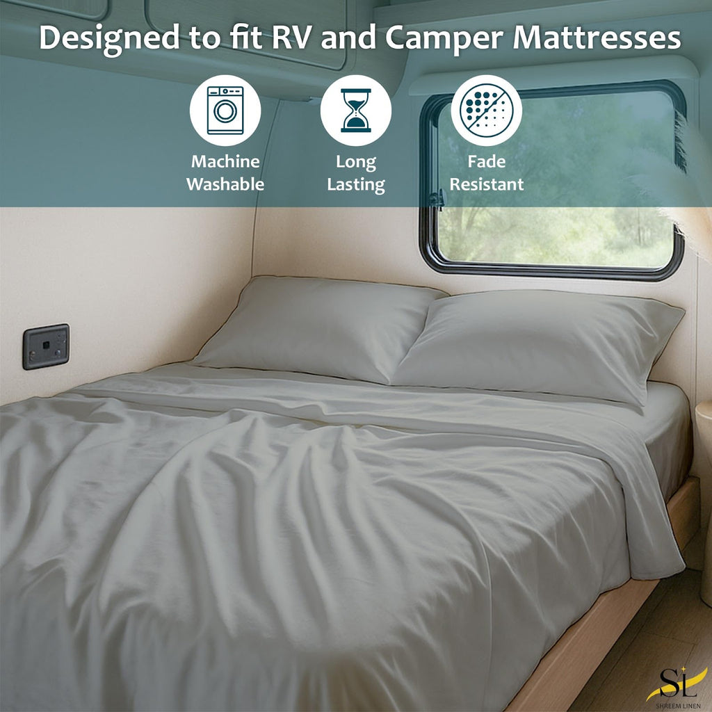 RV Bunk Sheets 28x75, 100% Egyptian Cotton 4-Piece Camper Bedding Set, Fits 10-12" Deep RV Mattress, Light Grey