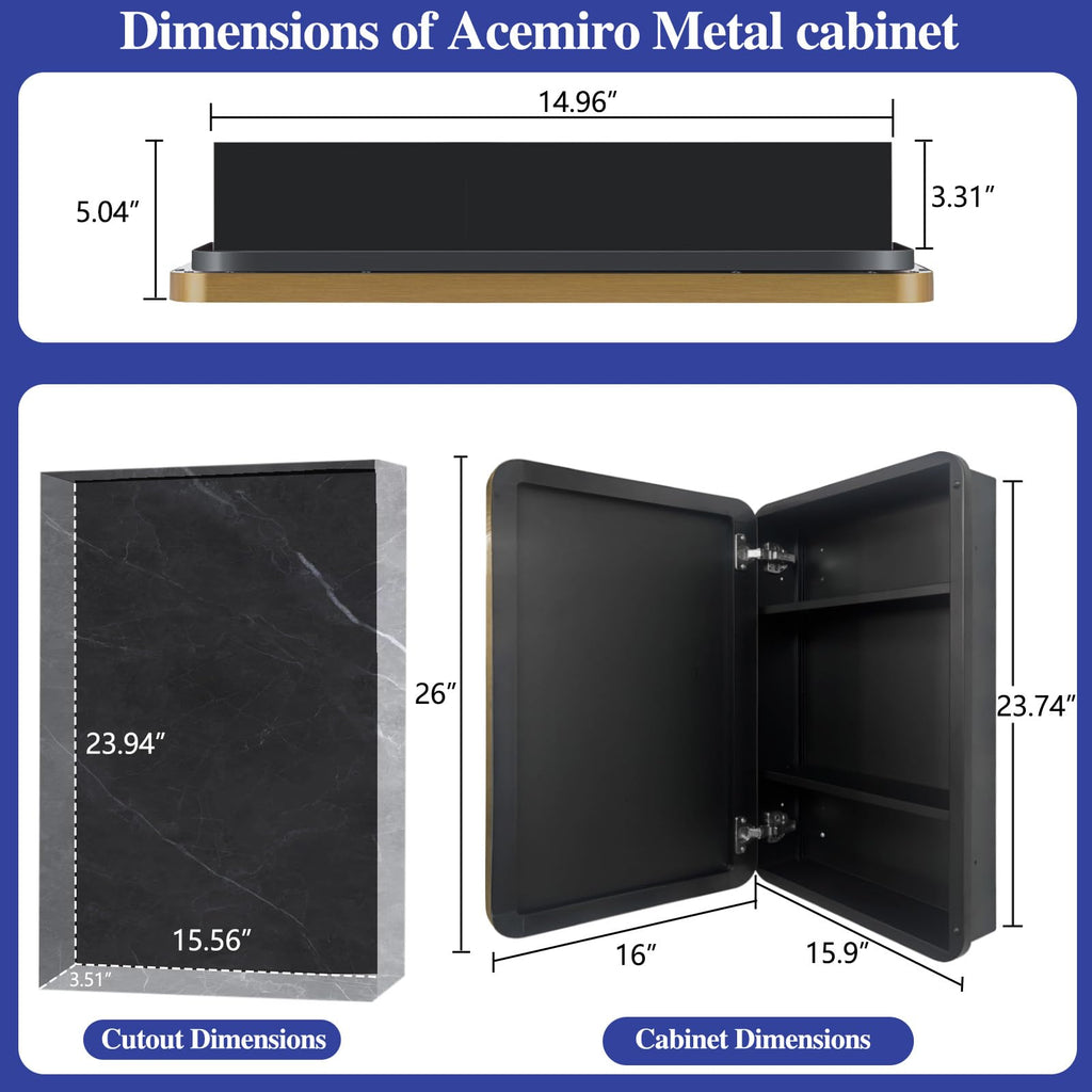 16" x 26" Bathroom Medicine Cabinet with Mirror Door, Brush Gold Stainless Steel Frame, Recessed or Surface