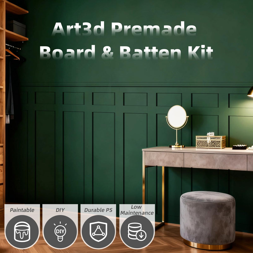 Premade Paintable Board and Batten Wainscoting Kit, 94.5 x 54 in