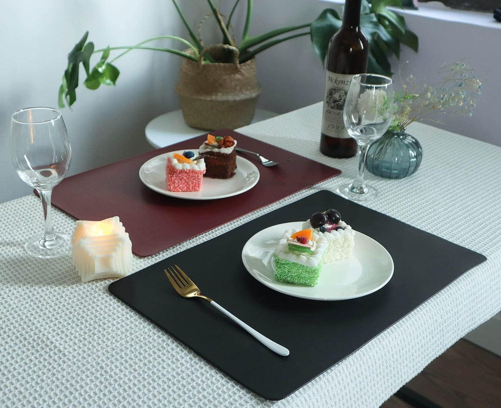 Placemats Black Leather Place Mats Waterproof Wipeable Heat Resistant Sturdy Rectangle Kitchen Dining Table - Set of 4