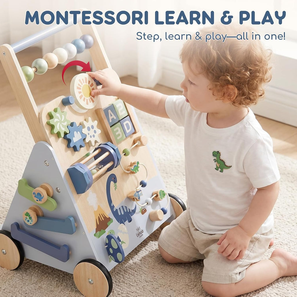 Dinosaur Wooden Baby Walker, Adjustable Speed Baby Push Walker
