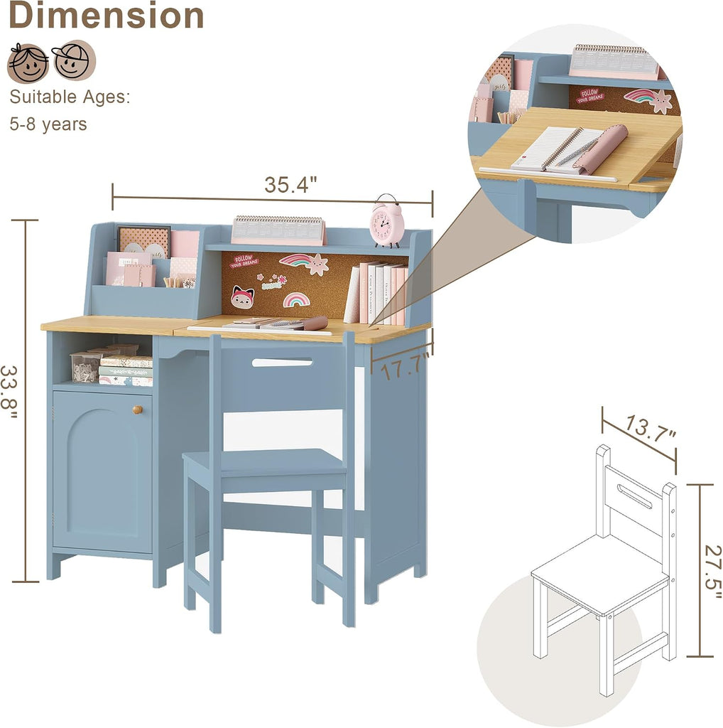 Kids Study Desk and Chair Set with Tiltable Desktop for 3-8 Years