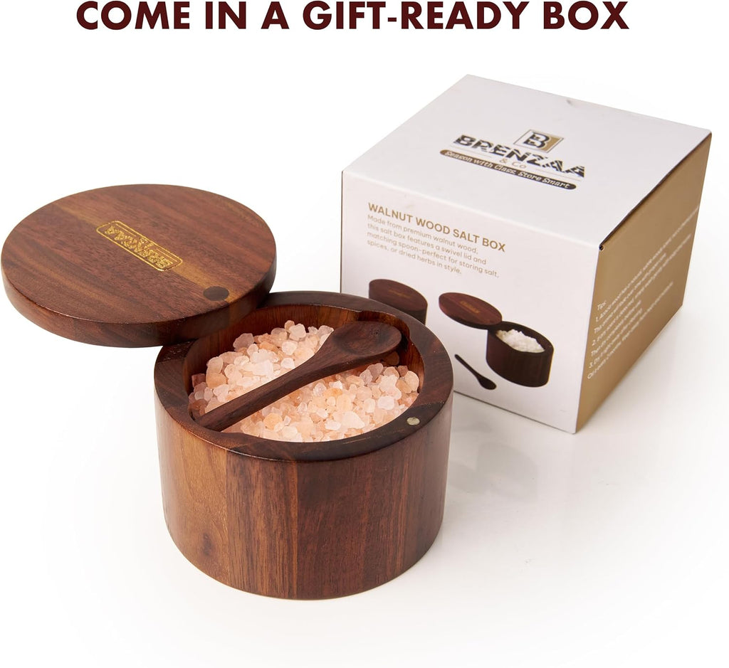 Natural Wood Salt Cellar Salt Box with Magnetic Lid & Spoon, 6 Oz