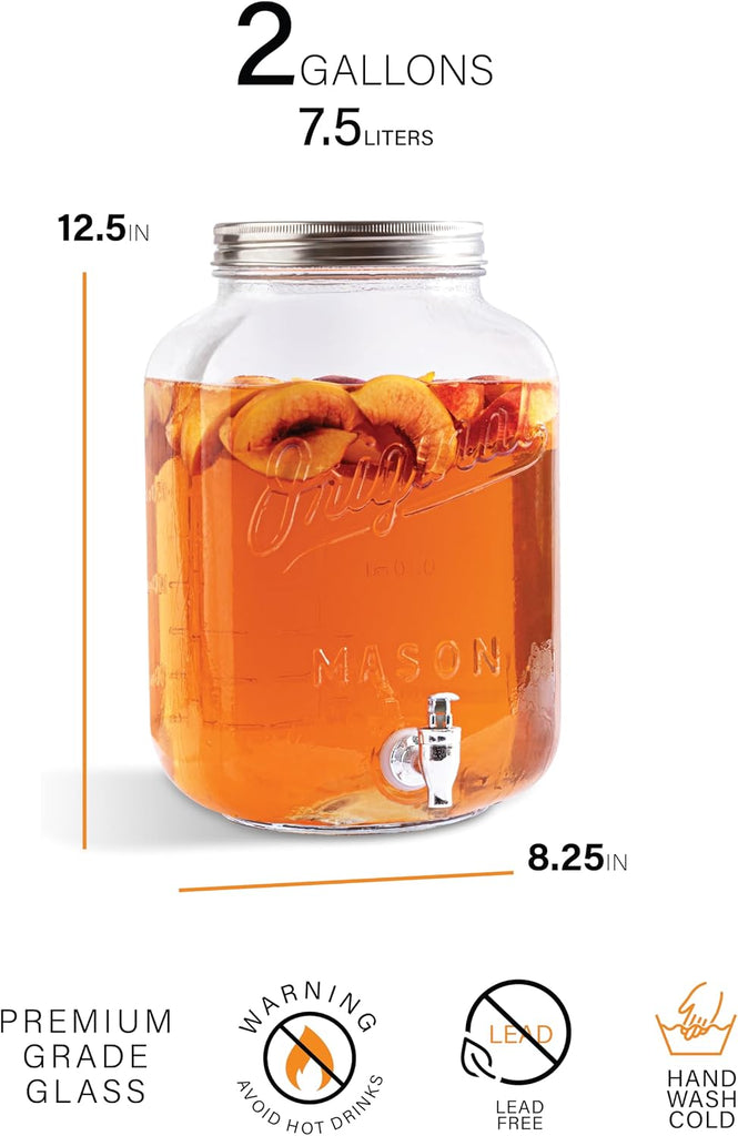 2 GALLON for Parties, Original Mason Ice Beverage Dispensers, Glass Water Dispenser with Spigot, Laundry Detergent
