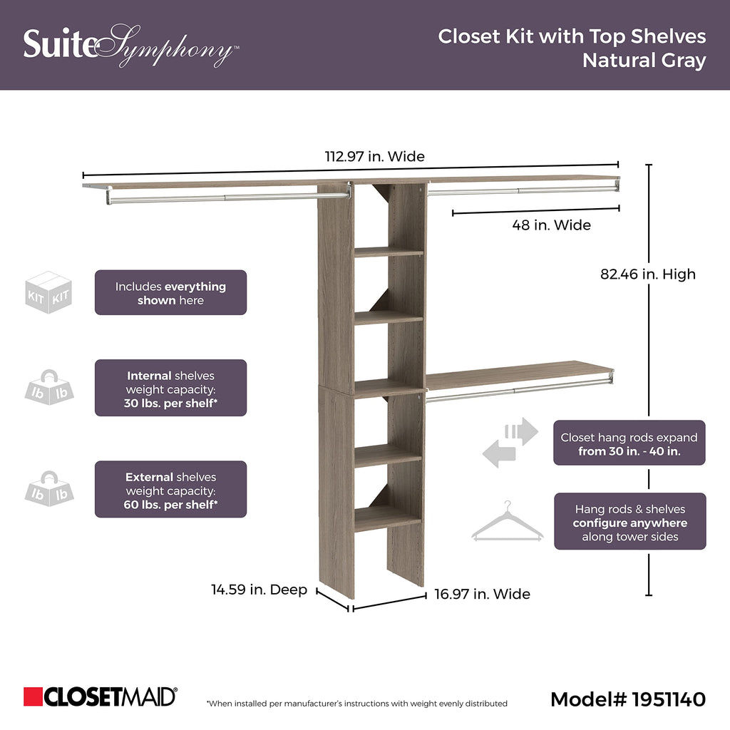SuiteSymphony 16-Inch Closet Organizer with Shelves, Natural Gray