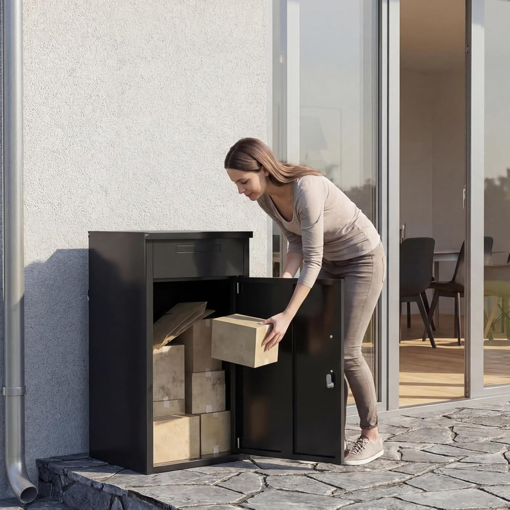 Package Delivery Box Theft Parcel Drop Box with Mailbox Waterproof Weather Resistant Full Metal Frame (Black