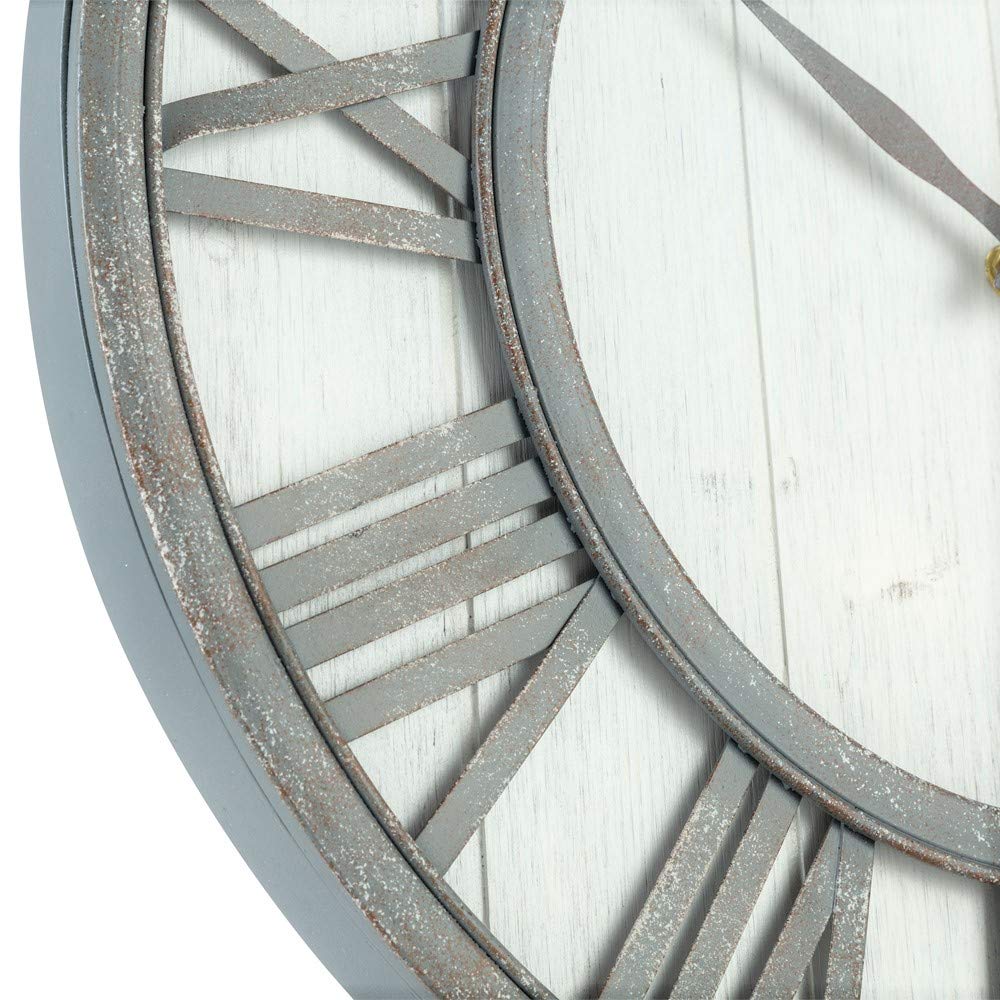 Farmhouse Metal & Solid Wood Noiseless Wall Clock (Whitewash, 18-inch)