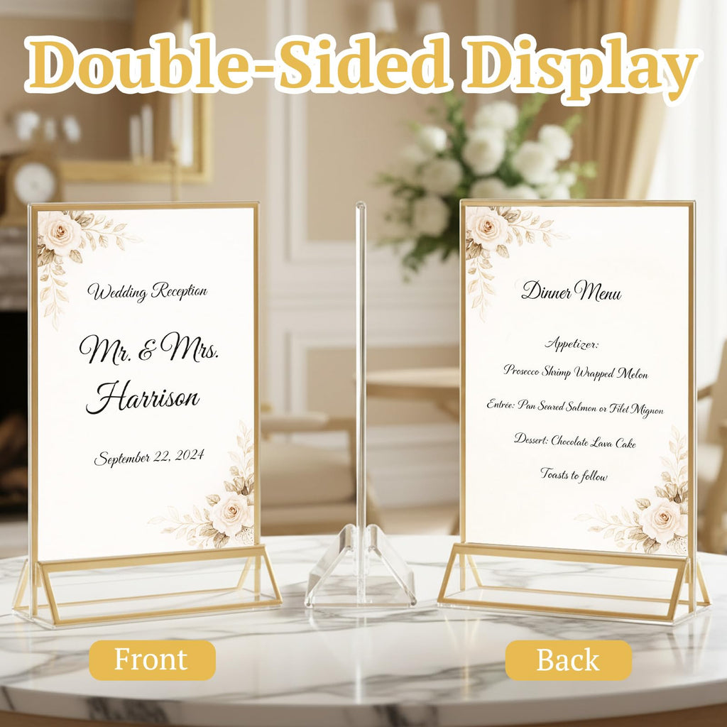 6 Pack Acrylic Sign Holder 5 x 7, Double Sided Gold Picture Frame Stand up Table Top Sign Holders, Clear Display